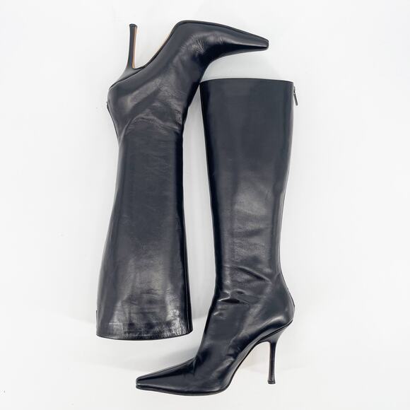 Jimmy Choo Peony Black Leather Pointed Square Toe Knee High Heeled Boot IT 39 - Picture 4 of 12